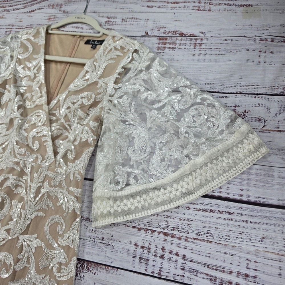 Lulus Lace Mini Dress Women XS White Embellished Overlay Nude Lining Bell Sleeve